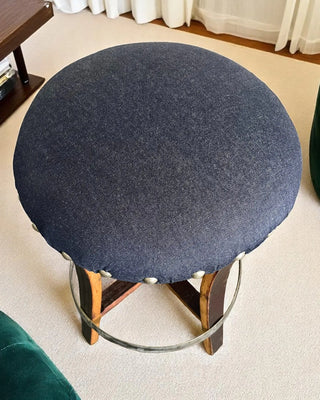 Dark Navy Blue Oak Barrel Bar Stool - Memory Foam Upholstery - Whiskey Barrel Stave Pub Stool - Counter Height - Handmade Wine Barrel Chair Obarrel.com