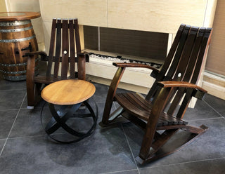 2-Chair Adirondack Set - Oak Wood Wine Barrels. wine barrel coffee table barrel glass top wine barrel glass top whiskey barrel glass top bourbon barrel glass top barrel coffee table barrel wine rack wine barrel table whiskey barrel whiskey barrel table wine barrel handma