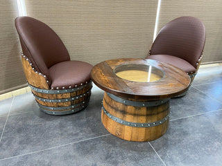 2-Chair Half-Barrel Full Table Set - Oak Wood Wine Barrels. wine barrel coffee table barrel glass top wine barrel glass top whiskey barrel glass top bourbon barrel glass top barrel coffee table barrel wine rack wine barrel table whiskey barrel whiskey barrel table wine barrel handma