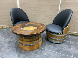 2-Chair Half-Barrel Full Table Set - Oak Wood Wine Barrels. wine barrel coffee table barrel glass top wine barrel glass top whiskey barrel glass top bourbon barrel glass top barrel coffee table barrel wine rack wine barrel table whiskey barrel whiskey barrel table wine barrel handma