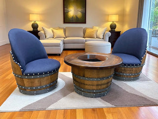 Wine Barrel Full Round Coffee Table Set with 2 Chairs - Rustic Whiskey Barrel Furniture Set - Handmade Solid Oak - Free Shipping Obarrel.com