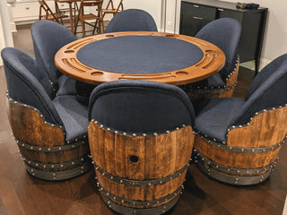 6-Chair Barrel Game Set - Total Denim Limited Edition (With Dining Top Option) - Oak Wood Wine Barrels. wine barrel coffee table barrel glass top wine barrel glass top whiskey barrel glass top bourbon barrel glass top barrel coffee table barrel wine rack wine barrel table whiskey barrel whiskey barrel table wine barrel handma