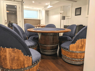 6-Chair Barrel Game Set - Total Denim Limited Edition (With Dining Top Option) - Oak Wood Wine Barrels. wine barrel coffee table barrel glass top wine barrel glass top whiskey barrel glass top bourbon barrel glass top barrel coffee table barrel wine rack wine barrel table whiskey barrel whiskey barrel table wine barrel handma