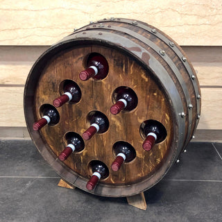9-Bottle Wine Barrel Display - Oak Wood Wine Barrels. wine barrel coffee table barrel glass top wine barrel glass top whiskey barrel glass top bourbon barrel glass top barrel coffee table barrel wine rack wine barrel table whiskey barrel whiskey barrel table wine barrel handma