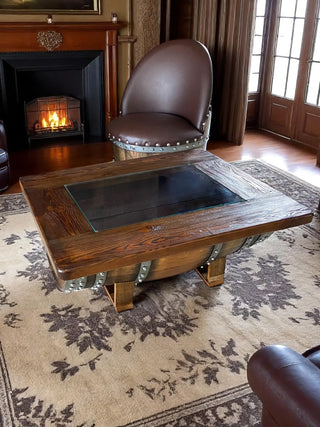 Barrel Coffee Table With Removable Glass Top - Wine/Whiskey/Bourbon Barrel Storage Table - Rustic Furniture Obarrel.com