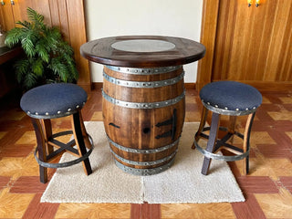 Dark Navy Blue Oak Barrel Bar Stool - Memory Foam Upholstery - Whiskey Barrel Stave Pub Stool - Counter Height - Handmade Wine Barrel Chair Obarrel.com