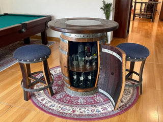 Dark Navy Blue Oak Barrel Bar Stool - Memory Foam Upholstery - Whiskey Barrel Stave Pub Stool - Counter Height - Handmade Wine Barrel Chair Obarrel.com