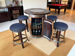 Dark Navy Blue Oak Barrel Bar Stool - Memory Foam Upholstery - Whiskey Barrel Stave Pub Stool - Counter Height - Handmade Wine Barrel Chair Obarrel.com