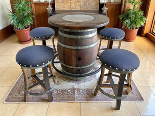 Oak Wine Barrel Whiskey Bistro Pub Table Set, Footrail, Bar Stools, Home Bar, Man Cave, Whiskey Bistro, Wine Bistro, Barrel Bar, Glass Top Obarrel.com