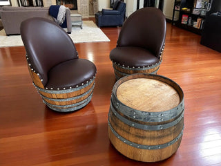 Wine Barrel Round Coffee Table Set with 2 Chairs - Rustic Whiskey Barrel Furniture Set - Handmade Solid Oak - Free Shipping Obarrel.com