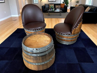 Wine Barrel Round Coffee Table Set with 2 Chairs - Rustic Whiskey Barrel Furniture Set - Handmade Solid Oak - Free Shipping Obarrel.com