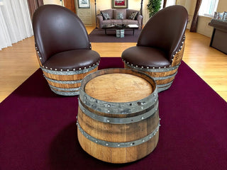 Wine Barrel Round Coffee Table Set with 2 Chairs - Rustic Whiskey Barrel Furniture Set - Handmade Solid Oak - Free Shipping Obarrel.com