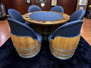 Dark Navy Blue Wine Barrel Poker Set with Removable Dining Top - Game Table & Barrel Chair - Wine Barrel Table for Dining and Poker Obarrel.com