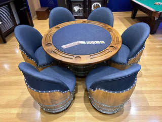 Dark Navy Blue Wine Barrel Poker Set with Removable Dining Top - Game Table & Barrel Chair - Wine Barrel Table for Dining and Poker Obarrel.com