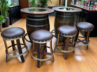 Double Oak Barrel Bistro Pub Table Set, Bourbon Wine Barrel, Footrail Footrest Comfort, Barrel Bar, Whiskey Barrel Bar, Wine Barrel Cabinet Obarrel.com