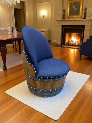 Dark Navy Blue Oak Barrel Chair, Handmade Wine and Whiskey Barrel Chair, Hidden Storage, Memory Foam Upholstery, Movable On Casters Obarrel.com