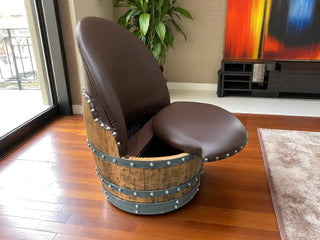Brown Oak Barrel Chair, Handmade Wine and Whiskey Barrel Chair, Hidden Storage, Memory Foam Upholstery, Movable On Casters Obarrel.com
