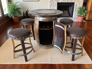 Oak Barrel Pub Table Set, Counter Height Wood Glass Top, Cabinet Storage, Bar Stools, Home Bar, Man Cave - Handmade from Family Business Obarrel.com