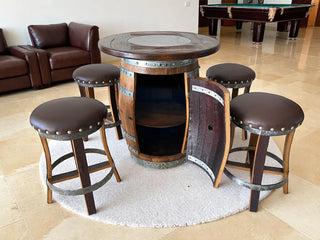Oak Barrel Pub Table Set, Counter Height Wood Glass Top, Cabinet Storage, Bar Stools, Home Bar, Man Cave - Handmade from Family Business Obarrel.com