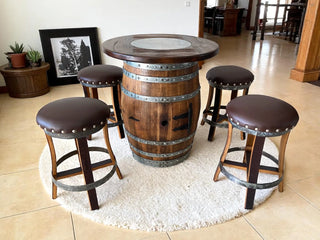Oak Barrel Pub Table Set, Counter Height Wood Glass Top, Cabinet Storage, Bar Stools, Home Bar, Man Cave - Handmade from Family Business Obarrel.com
