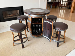 Oak Barrel Pub Table Set, Counter Height Wood Glass Top, Cabinet Storage, Bar Stools, Home Bar, Man Cave - Handmade from Family Business Obarrel.com