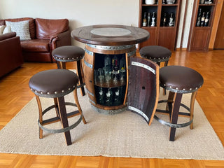 Oak Barrel Pub Table Set, Counter Height Wood Glass Top, Cabinet Storage, Bar Stools, Home Bar, Man Cave - Handmade from Family Business Obarrel.com