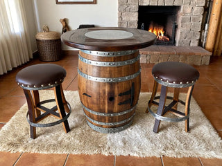 Oak Barrel Pub Table Set, Counter Height Wood Glass Top, Cabinet Storage, Bar Stools, Home Bar, Man Cave - Handmade from Family Business Obarrel.com