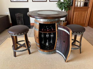 Oak Barrel Pub Table Set, Counter Height Wood Glass Top, Cabinet Storage, Bar Stools, Home Bar, Man Cave - Handmade from Family Business Obarrel.com