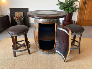 Oak Barrel Pub Table Set, Counter Height Wood Glass Top, Cabinet Storage, Bar Stools, Home Bar, Man Cave - Handmade from Family Business Obarrel.com