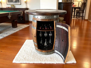 Oak Barrel Pub Table Set, Counter Height Wood Glass Top, Cabinet Storage, Bar Stools, Home Bar, Man Cave - Handmade from Family Business Obarrel.com