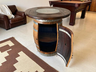Oak Barrel Pub Table Set, Counter Height Wood Glass Top, Cabinet Storage, Bar Stools, Home Bar, Man Cave - Handmade from Family Business Obarrel.com