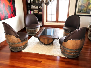 Wine Barrel Coffee Table Set with 4 Chairs - Rustic Whiskey Barrel Furniture Set - Handmade Solid Oak - Free Shipping Obarrel.com