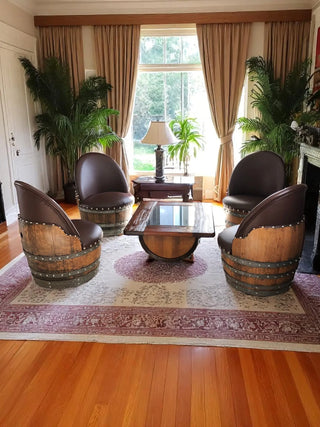 Wine Barrel Coffee Table Set with 4 Chairs - Rustic Whiskey Barrel Furniture Set - Handmade Solid Oak - Free Shipping Obarrel.com