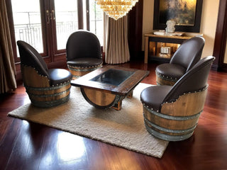 Wine Barrel Coffee Table Set with 4 Chairs - Rustic Whiskey Barrel Furniture Set - Handmade Solid Oak - Free Shipping Obarrel.com