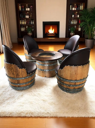 Wine Barrel Full Round Coffee Table Set with 4 Chairs - Rustic Whiskey Barrel Furniture Set - Handmade Solid Oak - Free Shipping Oak Wood Wine Barrels