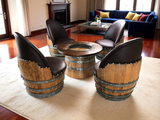 Wine Barrel Full Round Coffee Table Set with 4 Chairs - Rustic Whiskey Barrel Furniture Set - Handmade Solid Oak - Free Shipping Oak Wood Wine Barrels