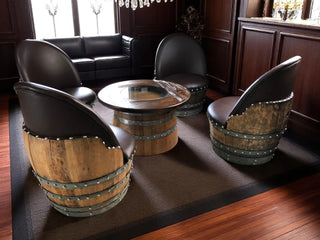 Wine Barrel Full Round Coffee Table Set with 4 Chairs - Rustic Whiskey Barrel Furniture Set - Handmade Solid Oak - Free Shipping Oak Wood Wine Barrels