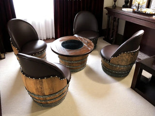 Wine Barrel Full Round Coffee Table Set with 4 Chairs - Rustic Whiskey Barrel Furniture Set - Handmade Solid Oak - Free Shipping Oak Wood Wine Barrels