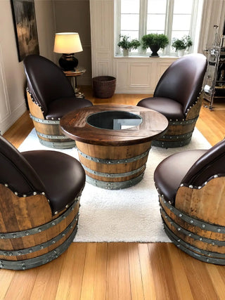 Wine Barrel Full Round Coffee Table Set with 4 Chairs - Rustic Whiskey Barrel Furniture Set - Handmade Solid Oak - Free Shipping Oak Wood Wine Barrels