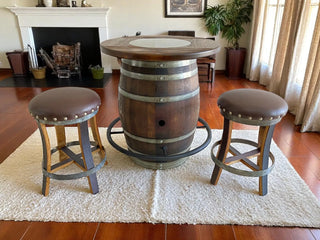 Oak Wine Barrel Whiskey Bistro Pub Table Set, Footrail, Bar Stools, Home Bar, Man Cave, Whiskey Bistro, Wine Bistro, Barrel Bar, Glass Top Obarrel.com