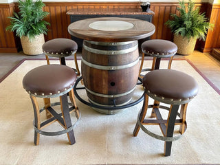 Oak Wine Barrel Whiskey Bistro Pub Table Set, Footrail, Bar Stools, Home Bar, Man Cave, Whiskey Bistro, Wine Bistro, Barrel Bar, Glass Top Obarrel.com