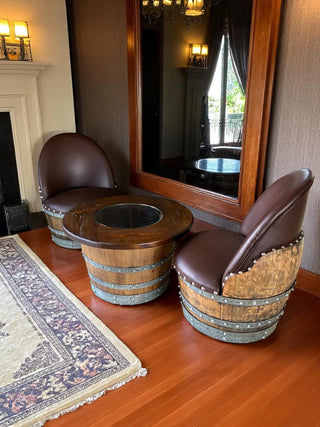 Wine Barrel Full Round Coffee Table Set with 2 Chairs - Rustic Whiskey Barrel Furniture Set - Handmade Solid Oak - Free Shipping Obarrel.com
