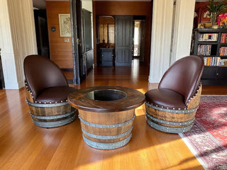 Wine Barrel Full Round Coffee Table Set with 2 Chairs - Rustic Whiskey Barrel Furniture Set - Handmade Solid Oak - Free Shipping Obarrel.com