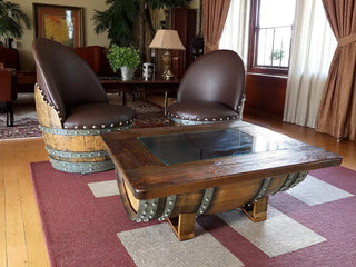 Barrel Coffee Table With Removable Glass Top - Wine/Whiskey/Bourbon Barrel Storage Table - Rustic Furniture Obarrel.com