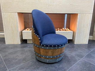 Wine Barrel Chair Blue Denim (Limited Colorway) - Oak Wood Wine Barrels. wine barrel coffee table barrel glass top wine barrel glass top whiskey barrel glass top bourbon barrel glass top barrel coffee table barrel wine rack wine barrel table whiskey barrel whiskey barrel table wine barrel handma