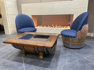 Wine Barrel Chair Blue Denim (Limited Colorway) - Oak Wood Wine Barrels. wine barrel coffee table barrel glass top wine barrel glass top whiskey barrel glass top bourbon barrel glass top barrel coffee table barrel wine rack wine barrel table whiskey barrel whiskey barrel table wine barrel handma