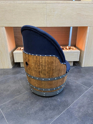 Wine Barrel Chair Blue Denim (Limited Colorway) - Oak Wood Wine Barrels. wine barrel coffee table barrel glass top wine barrel glass top whiskey barrel glass top bourbon barrel glass top barrel coffee table barrel wine rack wine barrel table whiskey barrel whiskey barrel table wine barrel handma