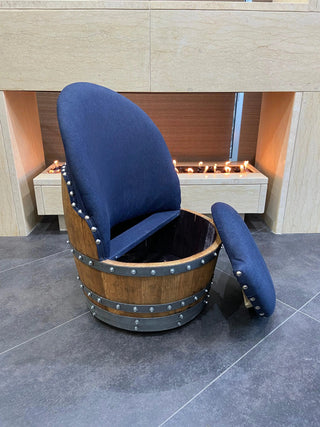 Wine Barrel Chair Blue Denim (Limited Colorway) - Oak Wood Wine Barrels. wine barrel coffee table barrel glass top wine barrel glass top whiskey barrel glass top bourbon barrel glass top barrel coffee table barrel wine rack wine barrel table whiskey barrel whiskey barrel table wine barrel handma