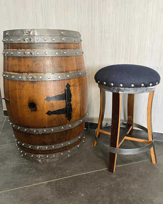 Wine Barrel Stave Bar Stool - Blue Denim (Limited Colorway) - Oak Wood Wine Barrels. wine barrel coffee table barrel glass top wine barrel glass top whiskey barrel glass top bourbon barrel glass top barrel coffee table barrel wine rack wine barrel table whiskey barrel whiskey barrel table wine barrel handma