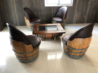 4-Chair Coffee Table Set - Oak Wood Wine Barrels. wine barrel coffee table barrel glass top wine barrel glass top whiskey barrel glass top bourbon barrel glass top barrel coffee table barrel wine rack wine barrel table whiskey barrel whiskey barrel table wine barrel handma